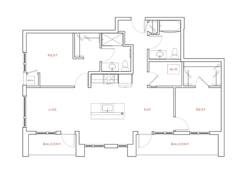 A floor plan of an apartment with a living room, dining room, kitchen, bedrooms and balconies.
